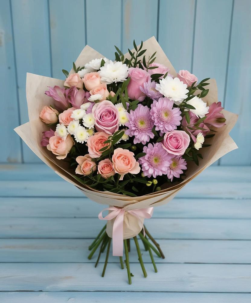 Букет цветов из: Хризантемы, Розы и Альстромерии в Кротовка