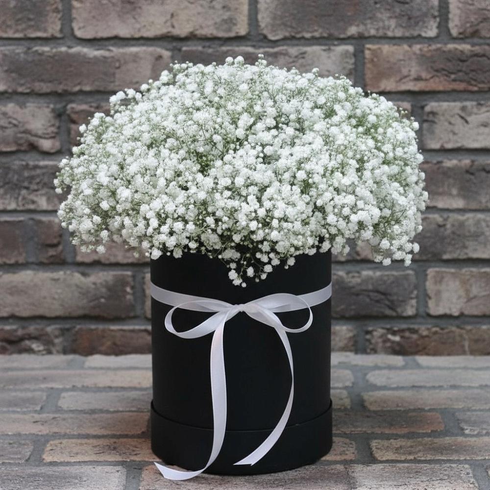 Цветочная композиция из Гипсофила в шляпной коробке в Кротовка