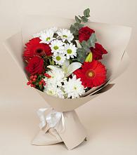 Букет цветов из:  Розы, Хризантемы, Герберы и Лилии в Кротовка