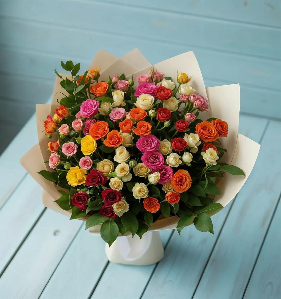 Букет Микс из разноцветных кустовых роз в Кротовка