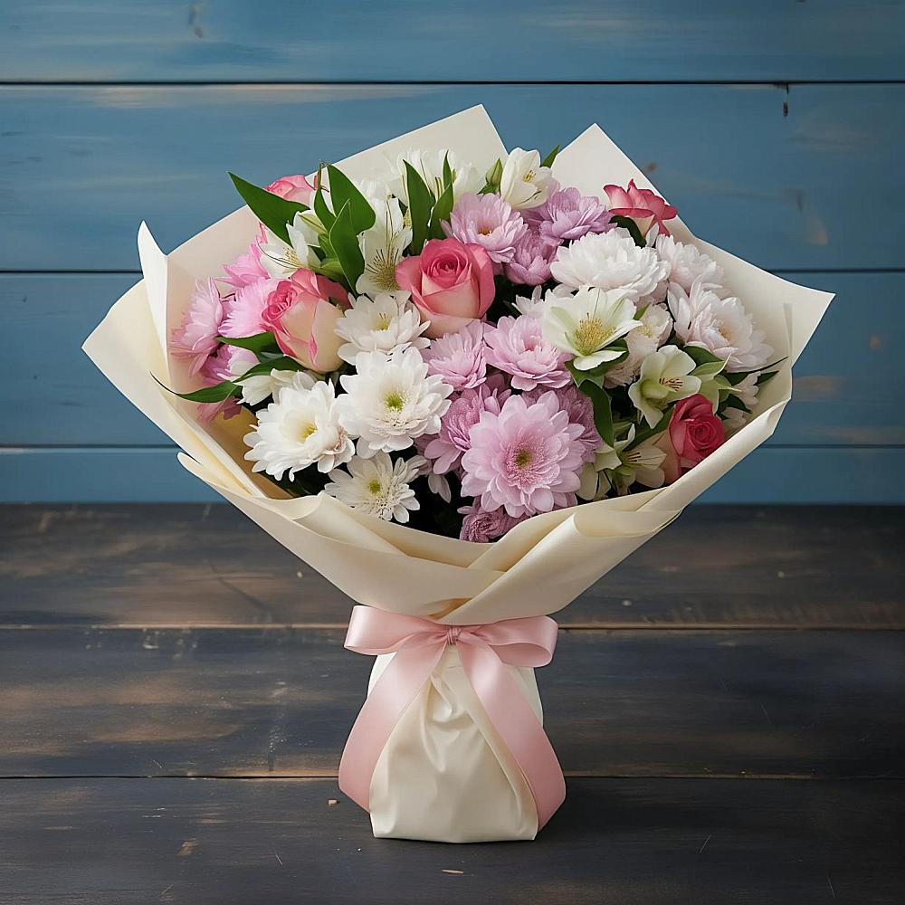 Букет цветов из: Хризантемы, Альстромерии и Розы в Кротовка